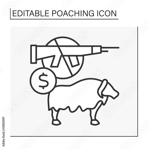 Hunting line icon. Illegal activity. Hunting buffalo for selling. Hunter kills animals. Poaching concept. Isolated vector illustration. Editable stroke
