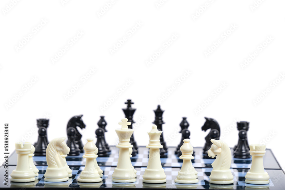 Black and white chess pieces on a chessboard on a light background. Black and white chess pieces on a chessboard on a light background.