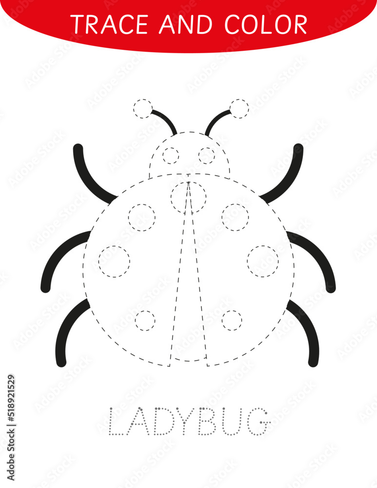 Ladybug trace and color worksheet for kids, tracing practice, summer