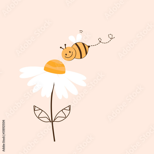 Bee cartoon and daisy flower vector.