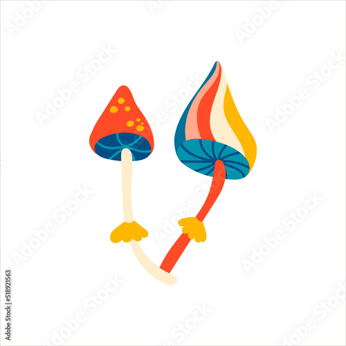 Groovy hippie mushrooms, vintage vector wildflowers. Funk and groove isolated plant elements
