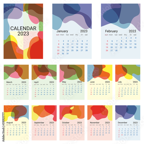 Calendar with abstract pattern for 2023 in vertical A4 format. The week starts on Sunday.