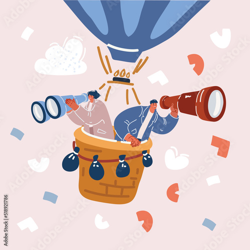 Vector illuatration of Couple travelling by air balloon, using spyglass. Employers searching for professionals for hiring. Recruitment, head hunting, job concept
