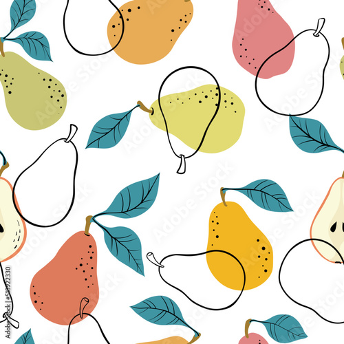 Seamless pattern with yellow and green pears and pear slices. Hand drawn pears pattern on white background. for fabric, drawing labels, print, wallpaper of children's room, fruit background