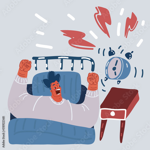 Vector illuatration of Hand turns off the alarm clock waking up at morning.