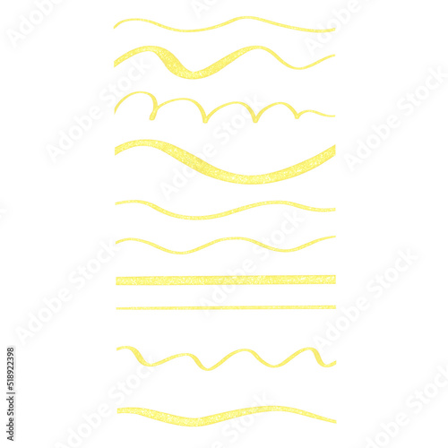 Collection of golden curved lines hand drawn isolated on white background. Waves, curls. Decor element for design.