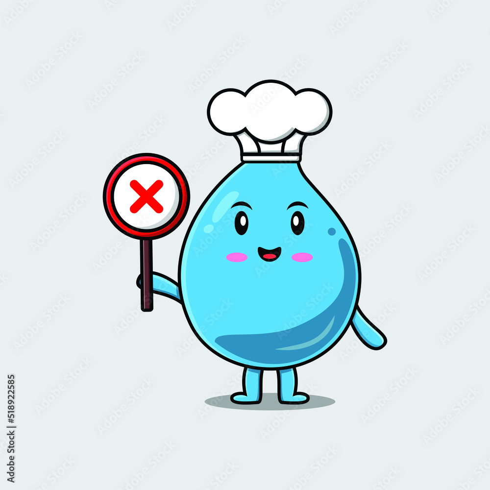 cute cartoon water drop chef holding wrong sign board in vector character illustration cute cartoon water drop chef holding wrong sign board in vector character illustration
