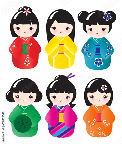 Kokeshi dolls in various designs isolated on white. EPS10 vector format