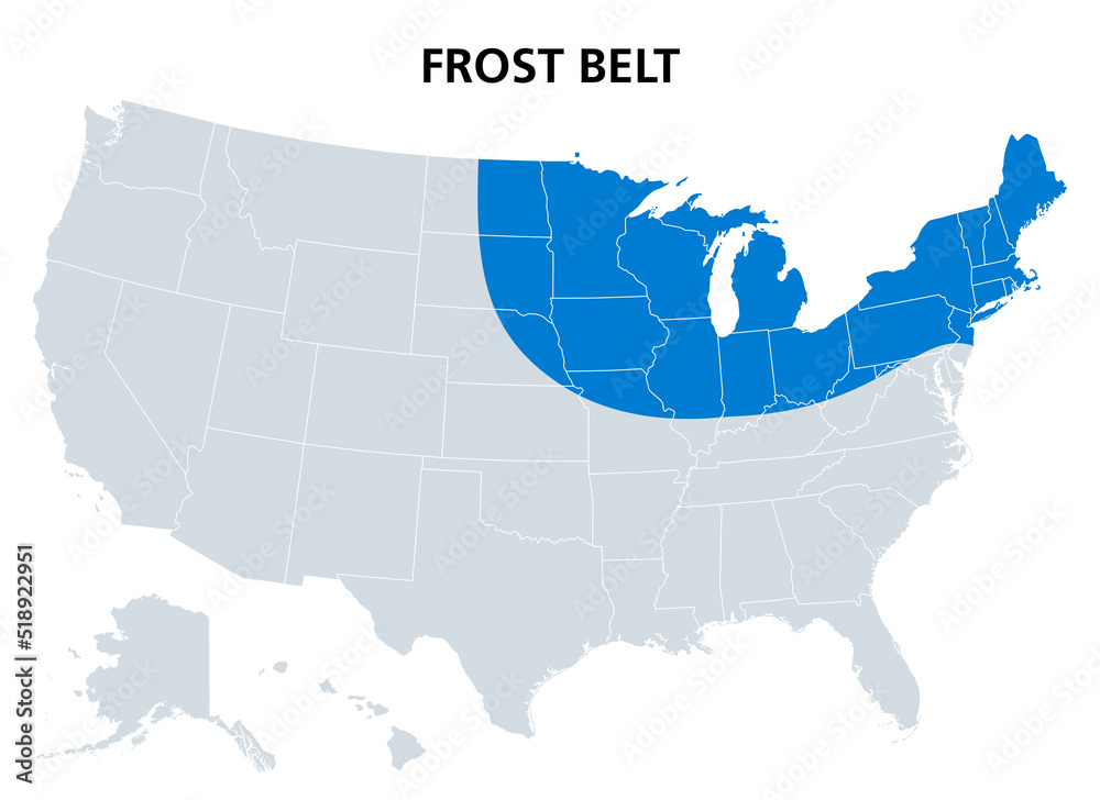 Frost Belt of the United States, political map. Region in the northeast