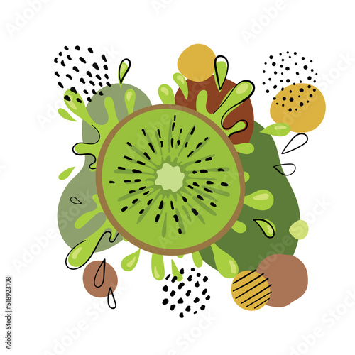 Tropical green kiwi and juice splash. Hand drawn half kiwi on vintage art background. for fabric, drawing labels, print, wallpaper of children's room, fruit background