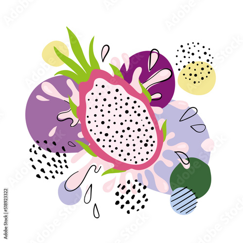 Tropical dragonfruits and pitaya juice splash. Hand drawn pitaya pattern on white background. for fabric, drawing labels, print, wallpaper of children's room, fruits background