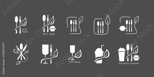 Fast food and take away eco packaging symbol set for restaurant, cafe, bistro and diner. Plastic free and recyclable. Editable stroke. Vector stock illustration isolated on black chalkboard background