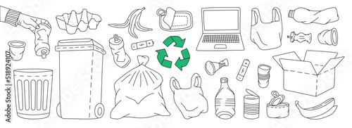 Set of garbage outline symbol. Plastic, glass, metal, paper, organic waste illustration. Problem globe pollution concept. Unsorted garbage line set photo