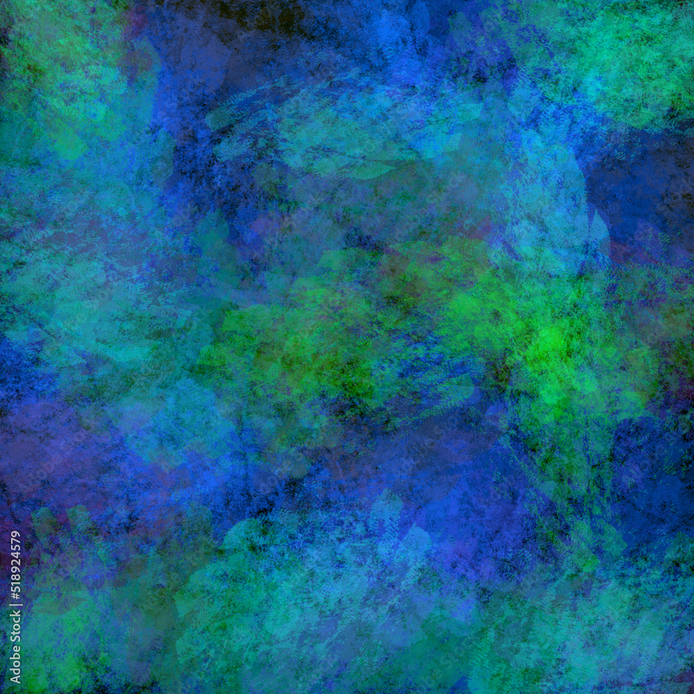 Dark abstract background, blue and green transparent textured stains, watercolor paintbrush stroke imitation.