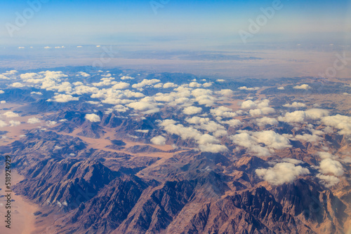 View of the Sinai mountains and desert in Egypt. View from a plane