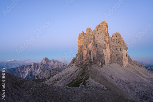 Stunning view of the Three Peaks of Lavaredo, (Tre cime di Lavaredo) during a beautiful sunrise. The Three Peaks of Lavaredo are the undisputed symbol of the Dolomites, Italy.
