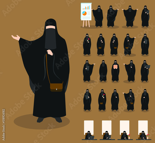 Bundles of flat vector illustrations of faceless Arabian women in traditional Muslim clothes (khimar and niqab) with many gestures photo