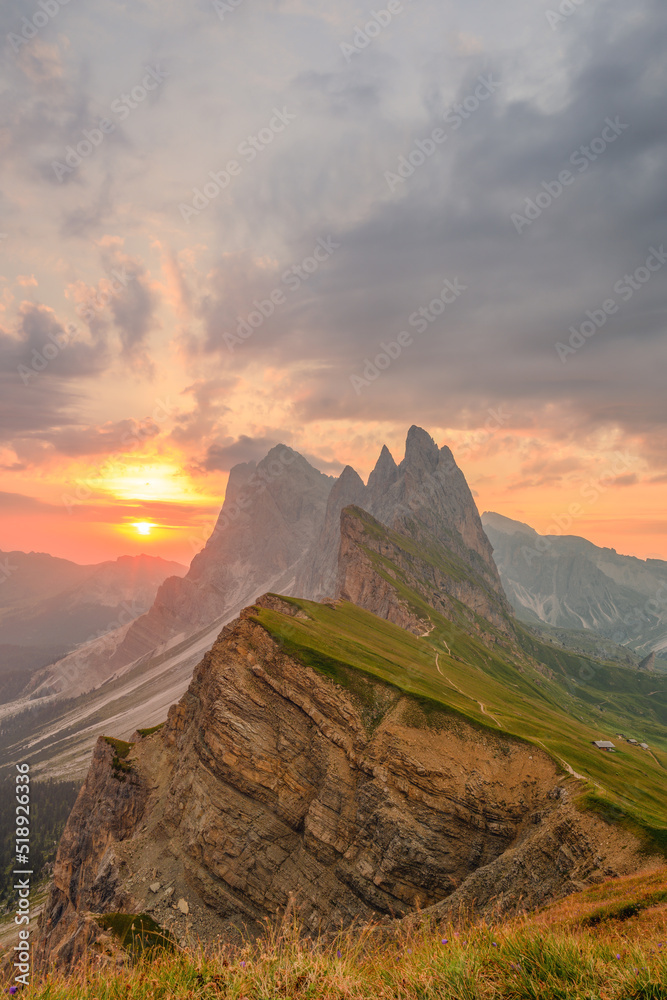 Breathtaking view of Seceda during a beautiful sunrise. The Seceda with its 2.500 meters is the highest vantage point in Val Gardena, Dolomites, Italy. - obrazy, fototapety, plakaty 