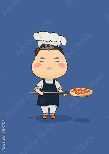 Postcard showing a little kawaii pizzaiolo with a pizza on a dark blue background