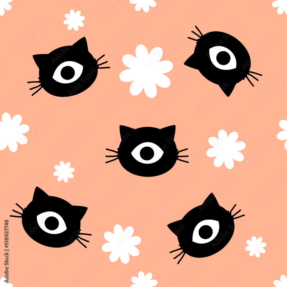 Seamless pattern with black cat with evil eyes and daisy flower on orange background vector illustration. Happy Halloween. Seamless pattern with black cat with evil eyes and daisy flower on orange background vector illustration. Happy Halloween.