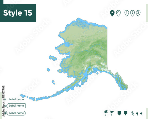 USA, Alaska - map with shaded relief, land cover, rivers, lakes, mountains. Biome map.