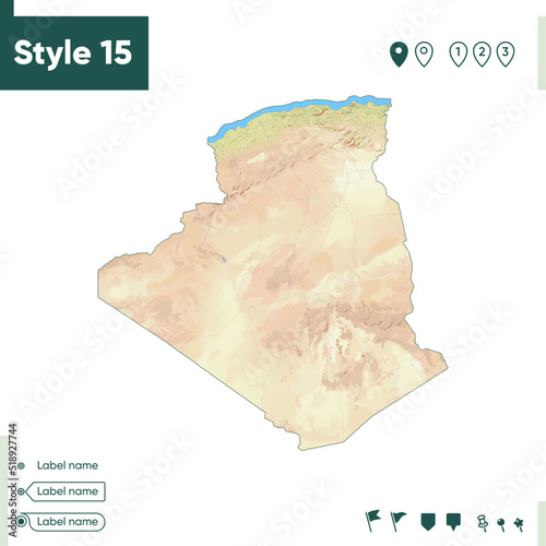 Algeria - map with shaded relief, land cover, rivers, lakes, mountains. Biome map.
