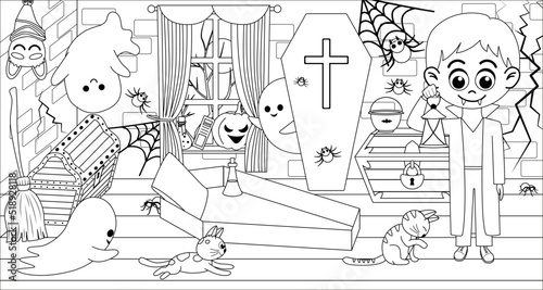Vampire. Halloween. Coloring book. Coffin, ghost, cat. Black and white. Vector