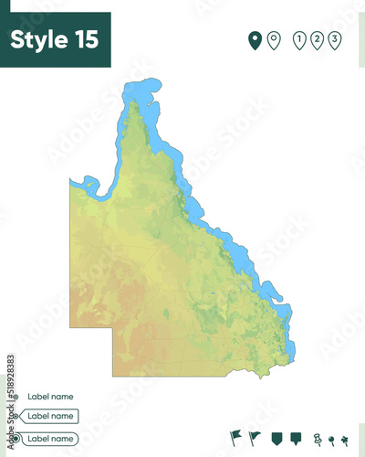 Queensland, Australia - map with shaded relief, land cover, rivers, lakes, mountains. Biome map.