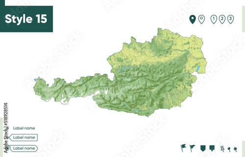 Austria - map with shaded relief, land cover, rivers, lakes, mountains. Biome map.