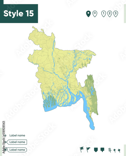 Bangladesh - map with shaded relief, land cover, rivers, lakes, mountains. Biome map.