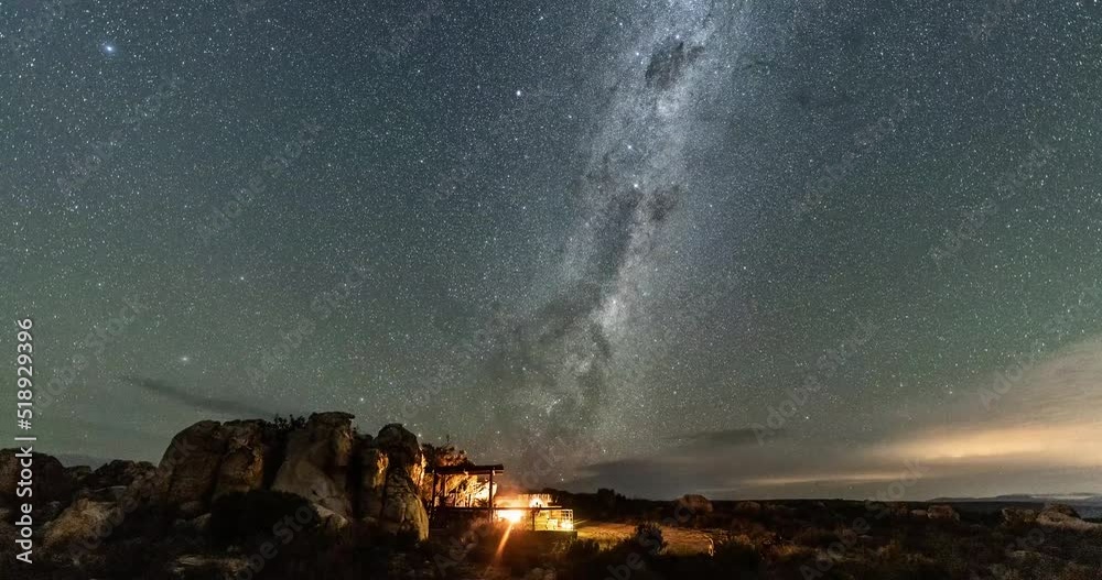 Scenery time lapse of night sky with Milky way and million of stars with camping fire lights