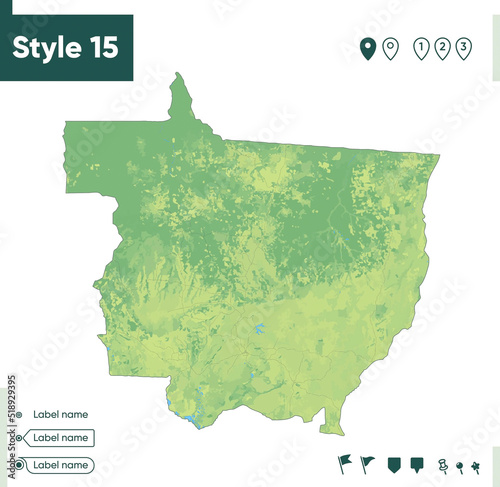 Mato Grosso, Brazil - map with shaded relief, land cover, rivers, lakes, mountains. Biome map.