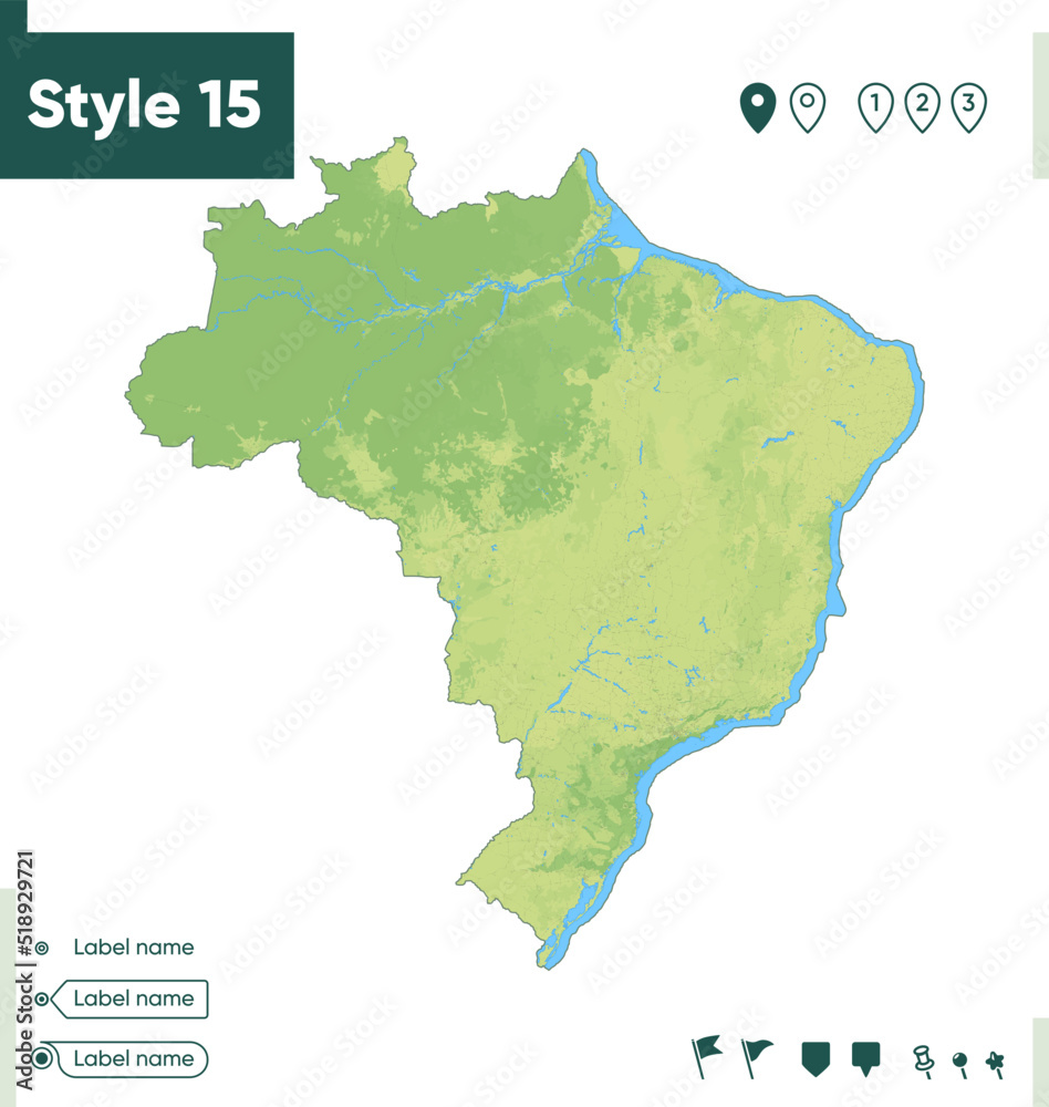 Brazil - map with shaded relief, land cover, rivers, lakes, mountains. Biome map.