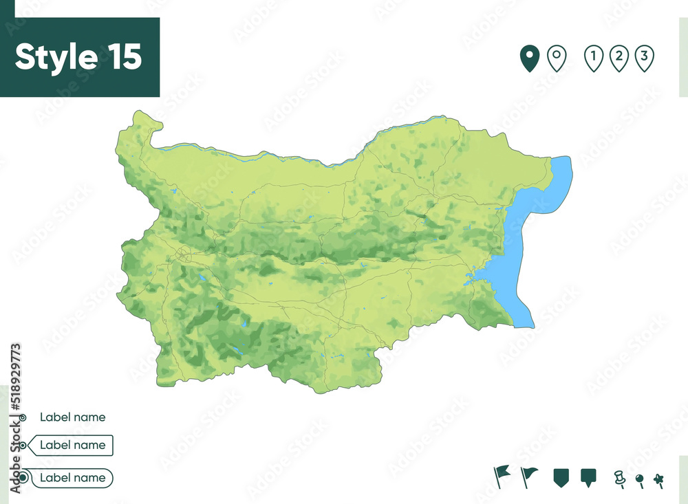 Bulgaria - map with shaded relief, land cover, rivers, lakes, mountains. Biome map.