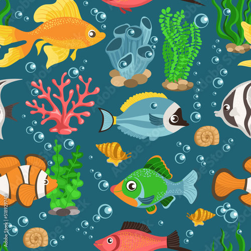 Aquarium fish seamless pattern. Colorful underwater creatures. Swimming animals. Marine tropical fauna. Nautical decorative inhabitants. Seaweeds and corals. Splendid vector background