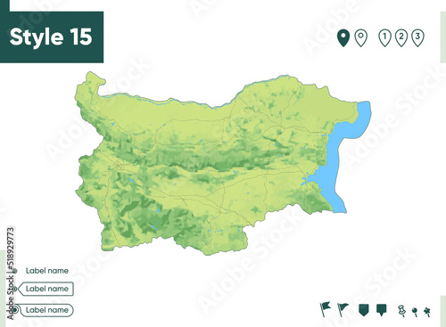 Bulgaria - map with shaded relief, land cover, rivers, lakes, mountains. Biome map.