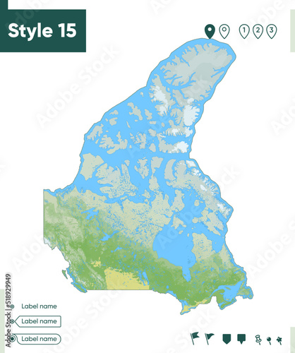 Canada - map with shaded relief, land cover, rivers, lakes, mountains. Biome map.