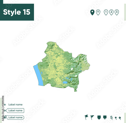 Araucania, Chile - map with shaded relief, land cover, rivers, lakes, mountains. Biome map.