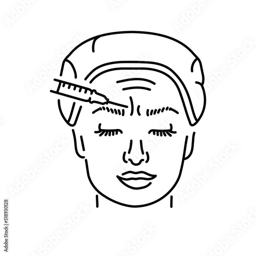 Botulinum wrinkle therapy between the eyebrows color line illustration. Hyaluronic injection.