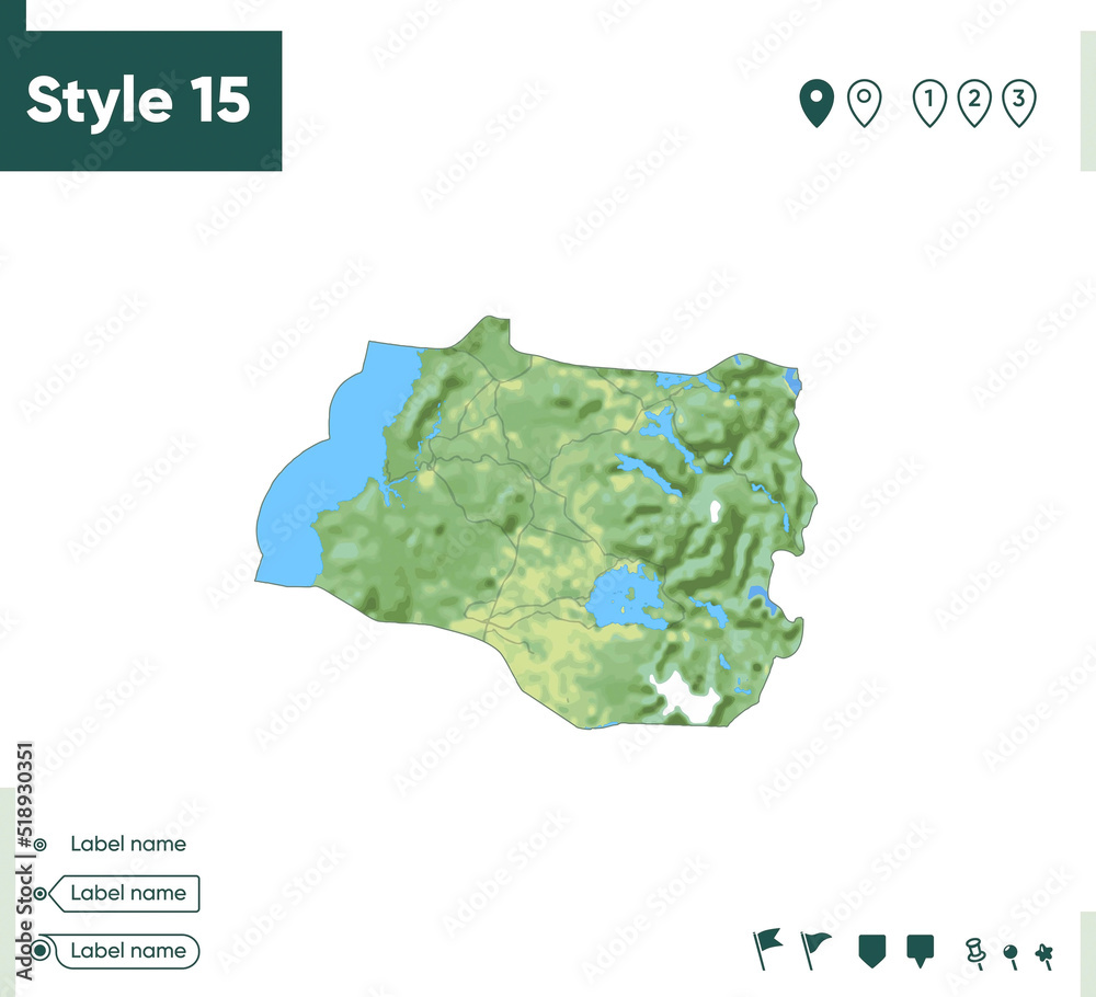 Los Rios, Chile - map with shaded relief, land cover, rivers, lakes, mountains. Biome map.