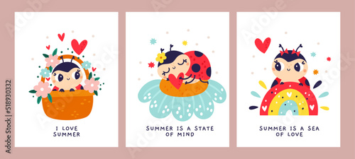 Cartoon ladybug cards. Cute kids characters. Little beetles with polka dot. Red insects banners. Bug in flower basket. Ladybird on rainbow or blossom. Summer posters. Garish vector set