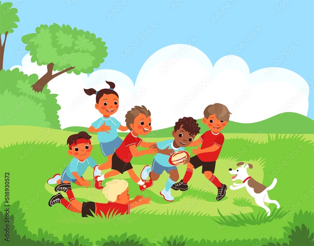 Obraz premium Children outdoor sport. Kids playing rugby in park. Boys and girls having fun in nature. Young athletes with ball. Active game match. Happy players. Summer leisure. Splendid vector concept