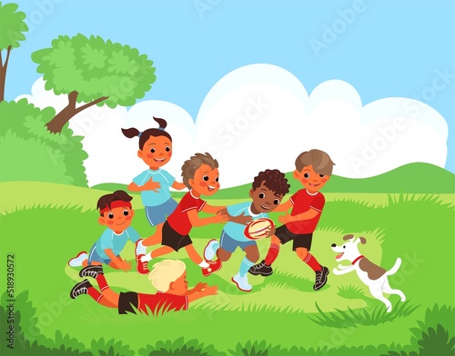 Children outdoor sport. Kids playing rugby in park. Boys and girls having fun in nature. Young athletes with ball. Active game match. Happy players. Summer leisure. Splendid vector concept © VectorBum