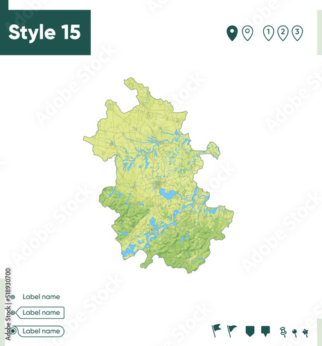 Anhui, China - map with shaded relief, land cover, rivers, lakes, mountains. Biome map.