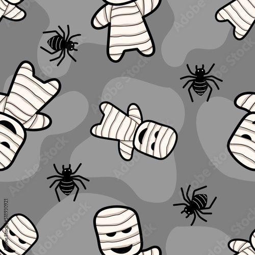 Halloween mummy and spider doodle pattern