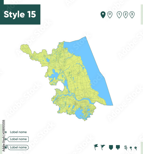 Jiangsu, China - map with shaded relief, land cover, rivers, lakes, mountains. Biome map.