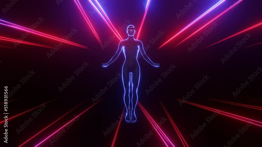 Virtual reality digital technology metaverse concept. Human in VR glasses floats in virtual spce. 3d render seamless loop.