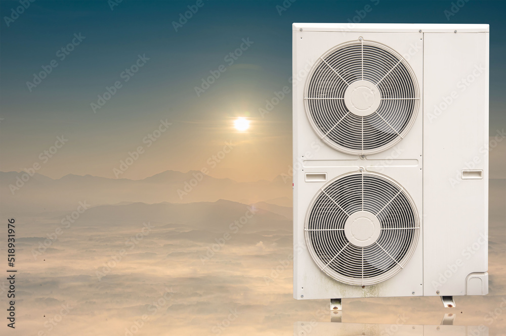 Air conditioner condenser system, condenser outdoor unit, fan close up that is isolated from a white background.