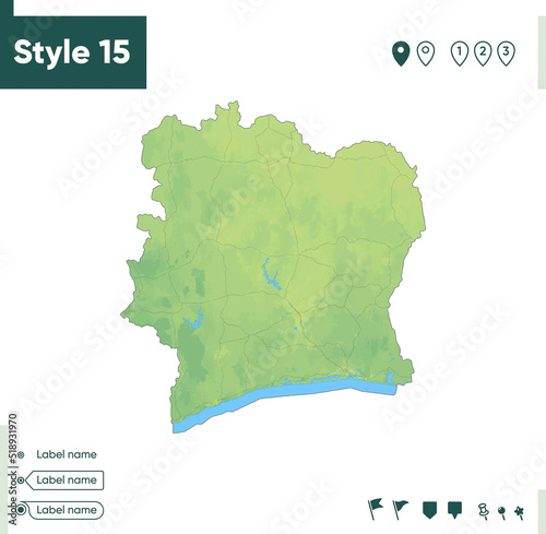 Cote D'ivoire - map with shaded relief, land cover, rivers, lakes, mountains. Biome map.