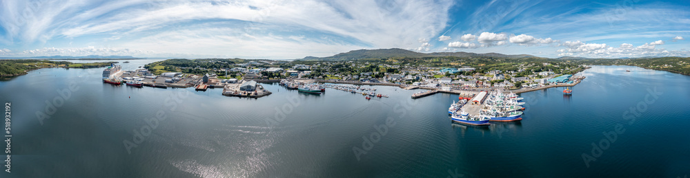 Aerial view of Killybegs with huge cruise ship in County Donegal - Ireland - All brands and logos removed